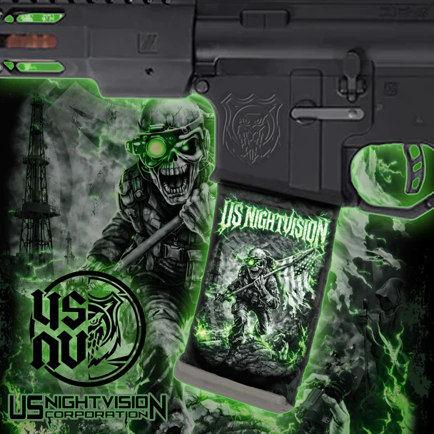 Close up view of the Horde zombie pattern Mag Wraps vinyl decal skin installed on an AR-15 magazine