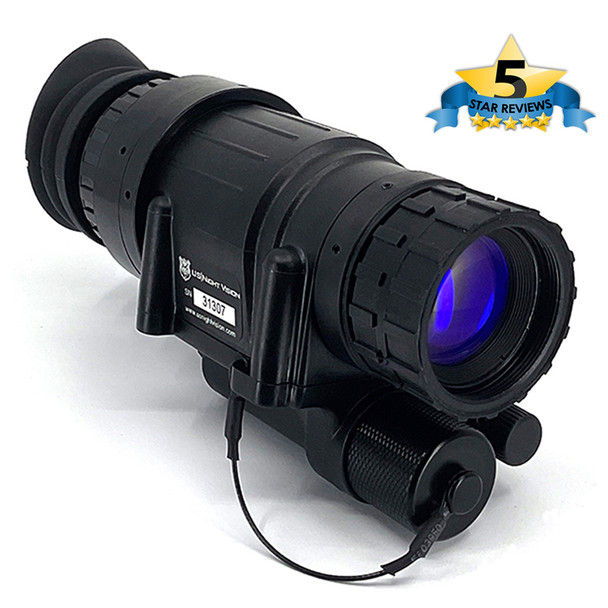 Angled front profile of the AN/PVS-14A Gen III White Phosphor night vision monocular highlighting the mil-spec housing and objective lens
