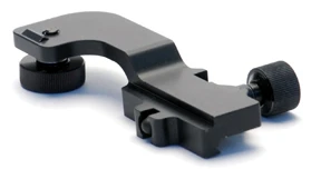 Angled profile view of the black PVS-14 Small Arms Weapon Mount highlighting the Picatinny rail interface and attachment thumbscrew