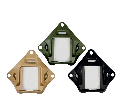 Group display of three tactical NVG Shrouds in Tan, OD Green, and Black highlighting the secure 3-hole night vision helmet mounting interface