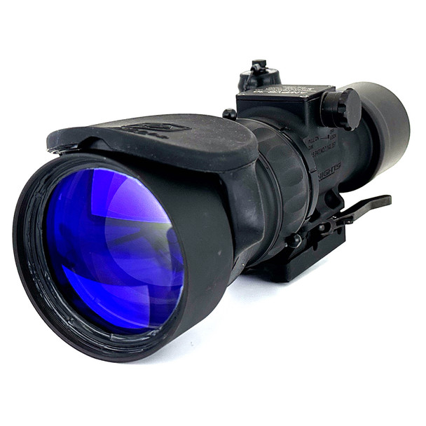 Angled front view of the Knight Vision AN/PVS-30 White Phosphor clip-on night vision weapon sight highlighting the large objective lens
