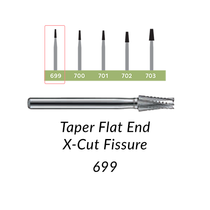 Carbide Burs. FG-699-L Taper Flat End X-Cut Fissure. Pack of 100/Bag