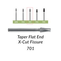 Carbide Burs. FG-701-L Taper Flat End X-Cut Fissure. Pack of 100/Bag Carbide Burs. FG-701-L Taper Flat End X-Cut Fissure. Pack of 100/Bag