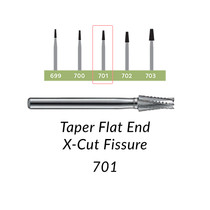 Carbide Burs. FG-701 OS Taper Flat End X-Cut Fissure. Pack of 100/Bag Carbide Burs. FG-701 OS Taper Flat End X-Cut Fissure. Pack of 100/Bag
