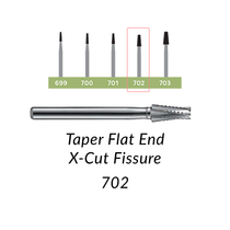 Carbide Burs. FG-702 OS Taper Flat End X-Cut Fissure. Clinic Pack of 100/Bag Carbide Burs. FG-702 OS Taper Flat End X-Cut Fissure. Clinic Pack of 100/Bag
