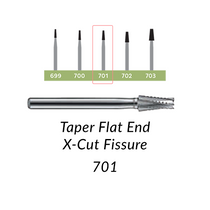 Carbide Burs. FG-701 Taper Flat End X-Cut Fissure. Clinic Pack of 100/bag Carbide Burs. FG-701 Taper Flat End X-Cut Fissure. Clinic Pack of 100/bag