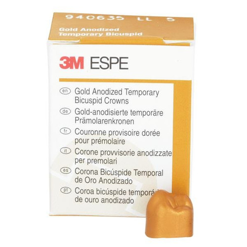 3M Gold Anodized Temporary Bicuspid Crowns, 940635, Lower Left Second Bicuspid, Size 5, 5 Crowns