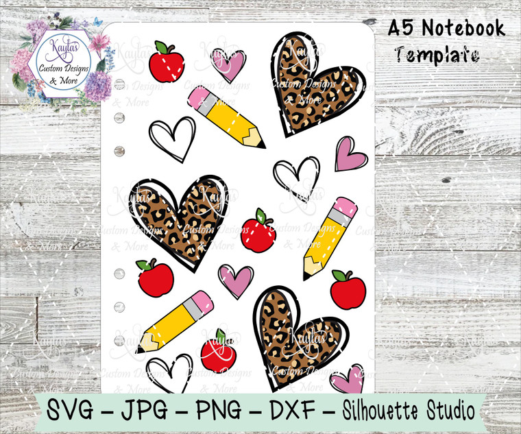 Pencils and Hearts Teacher Theme  A5 Notebook Template Digital Download