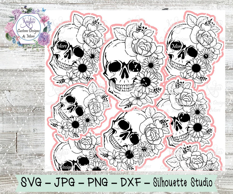 Skulls With Flowers Burst Tumbler Template Digital Download