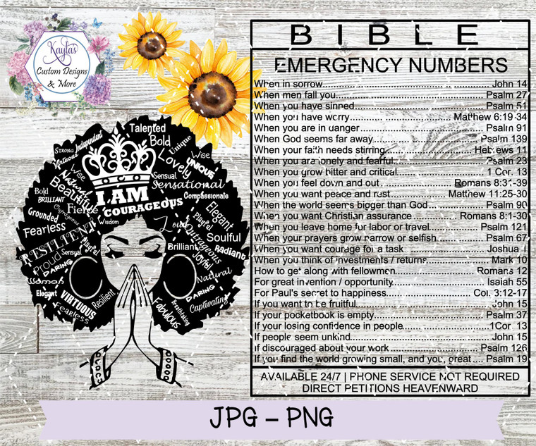 Bible Emergency Numbers, Inspirational Princess Digital Download