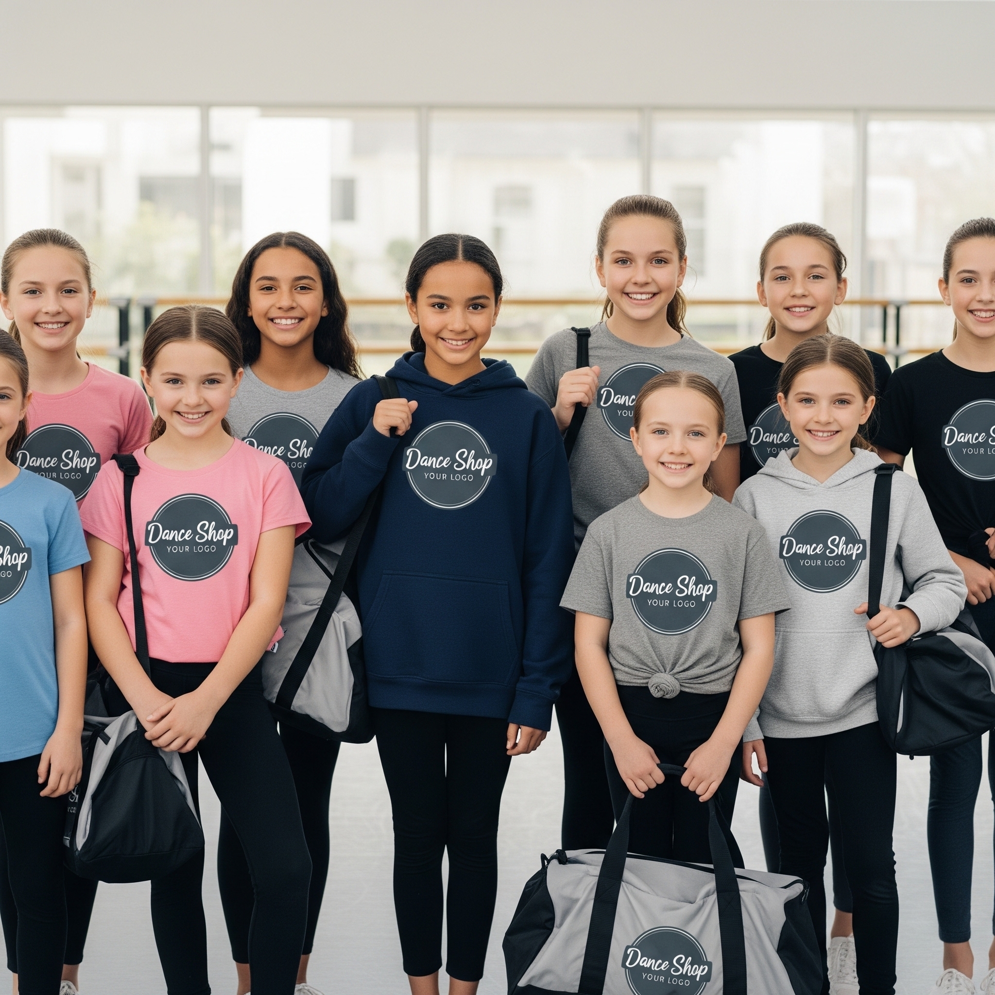 Dancers wearing custom studio apparel