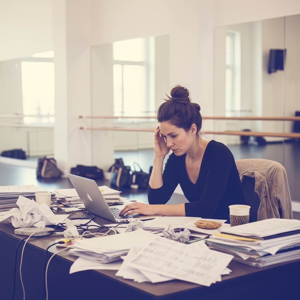 Stressed studio owner with paperwork