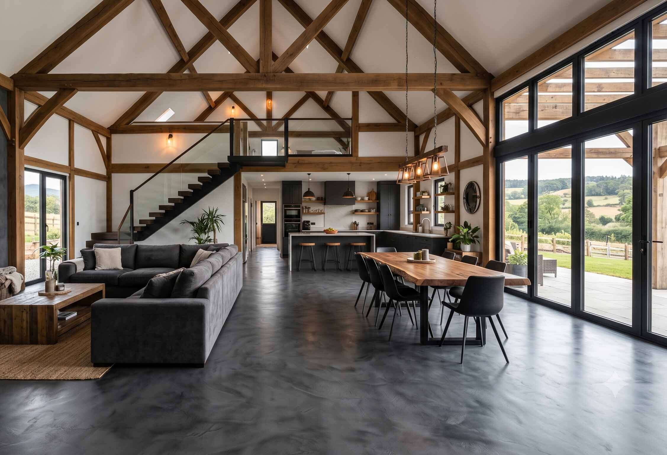 True Stone microcement floor in a modern barndominium