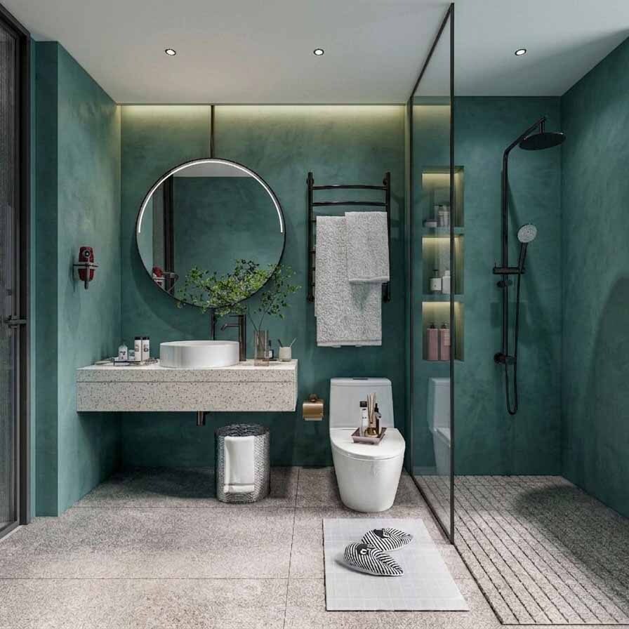 Turquoise True Stone microcement shower and bathroom