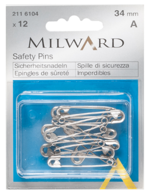 Safety Pins: Silver: 34mm: 12 Pieces