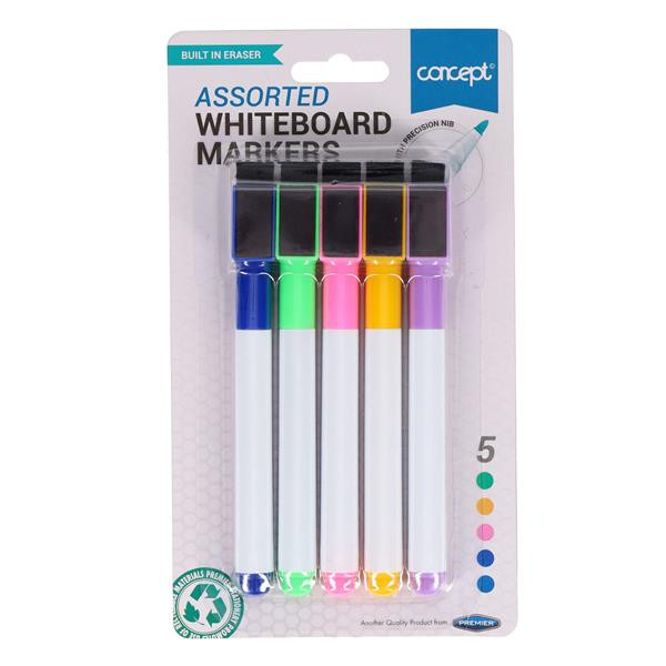 5 Drywipe Markers With Eraser Lid - Colo
