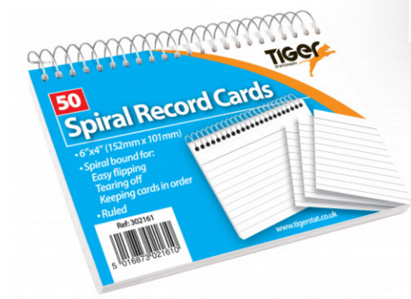  Record Cards White Ruled Spiral 6x4"