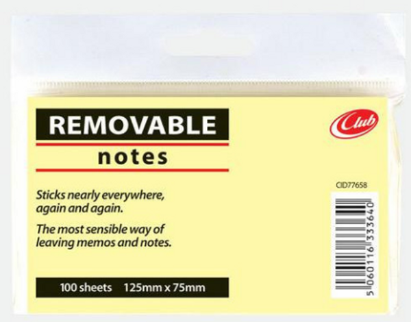 Removable Notes Yellow 125 x 75mm