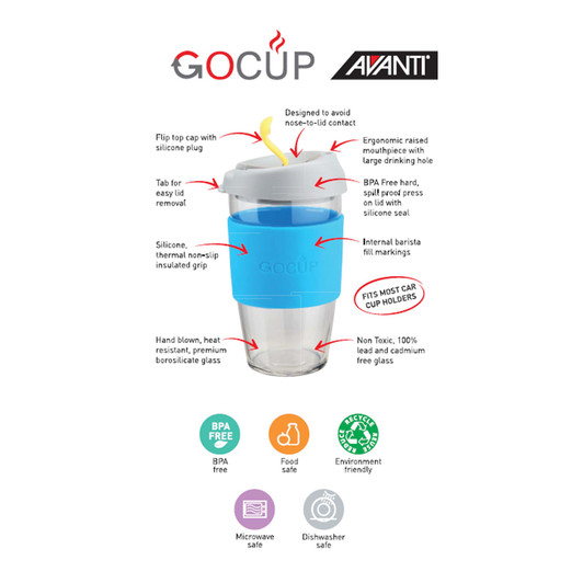 Glass GOCUP - 473ml/16Oz - Red/Aqua/Grey - Avanti Homewares Australia