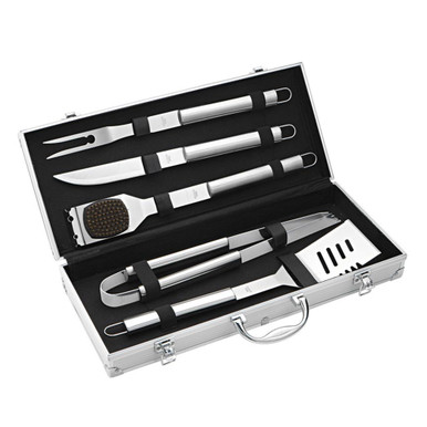 Bbq Tool 6 Piece Set: Turner - Tongs - Fork - Knife - Copper Brush