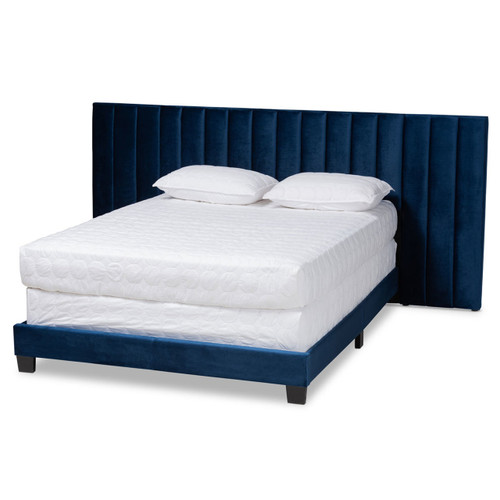 Baxton Studio Fiorenza Navy Blue Velvet Fabric King Size Panel Bed with Extra Wide Channel Headboard