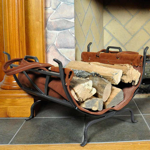 Olde World Iron Log Holder with Suede Leather Carrier