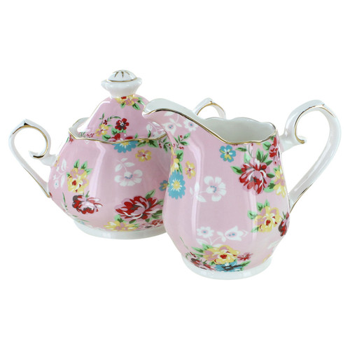 Shabby Rose Pink Porcelain - Sugar and Creamer Set