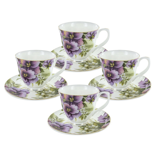 Purple Pansy Bone China - Cup and Saucer - Set of 4