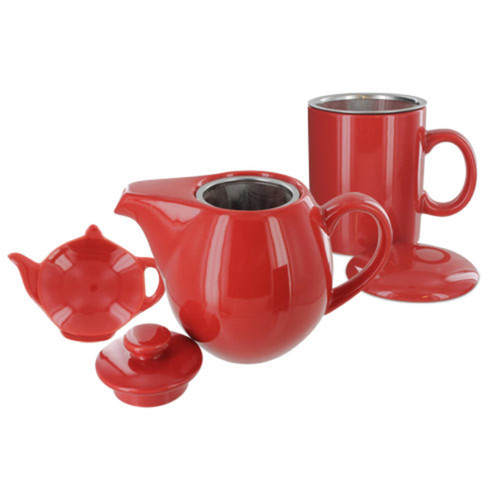 Teaz Cafe Set with Stainless Steel Infuser Teapot- 24oz - Red