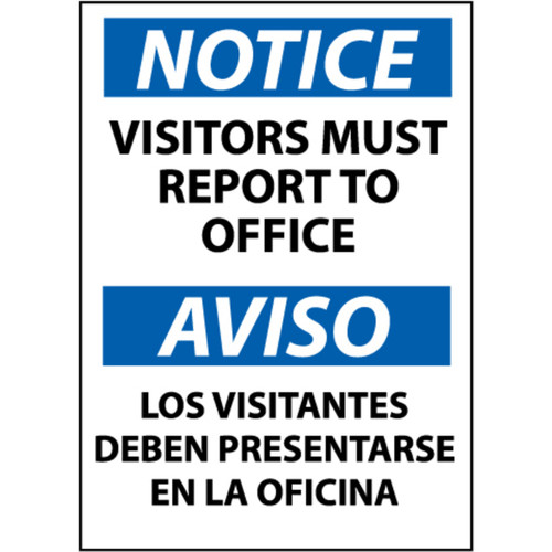 Notice, Visitors Report To Office Bilingual, 14x10, Pressure Sensitive Vinyl Sign