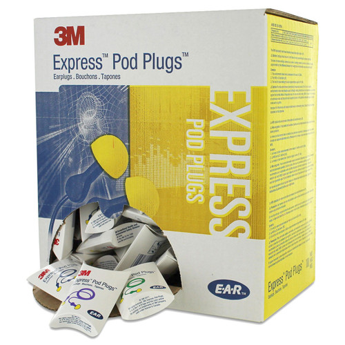 3M 311-1114 E-A-R EXPRESS Pod Plugs Yellow / Blue Corded Foam Earplugs - 100/Pack