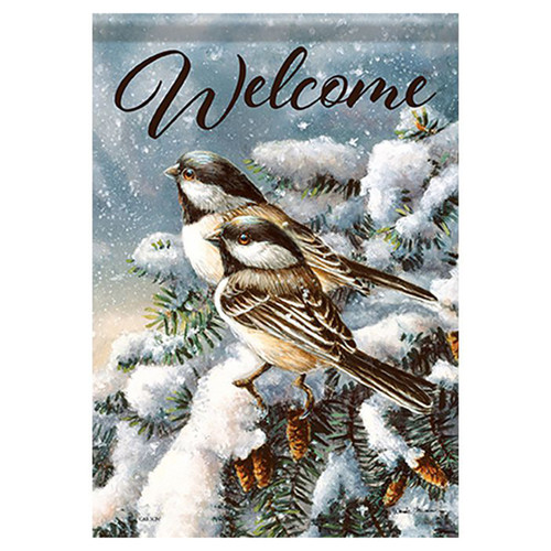 Carson Winter Banner Flag - Chickadees in Spruce - 28in x 40in