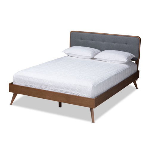 Baxton Studio Dilara Mid-Century Modern Gray Fabric Upholstered Walnut Brown Finished Wood Queen Size Platform Bed