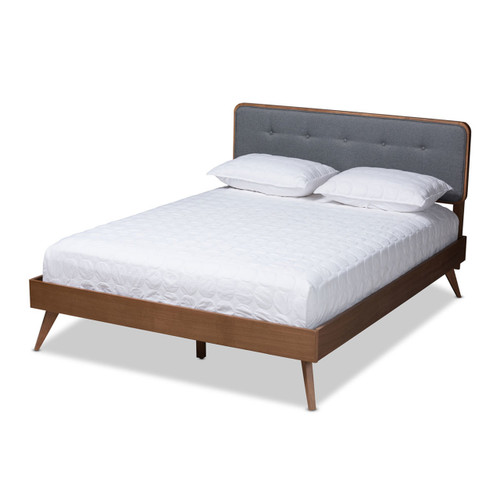 Baxton Studio Dilara Mid-Century Modern  Grey Fabric Upholstered Walnut Brown Finished Wood King Size Platform Bed