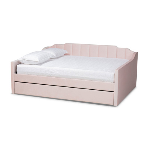 Baxton Studio Lennon Modern and Contemporary Pink Velvet Fabric Upholstered Queen Size Daybed with Trundle