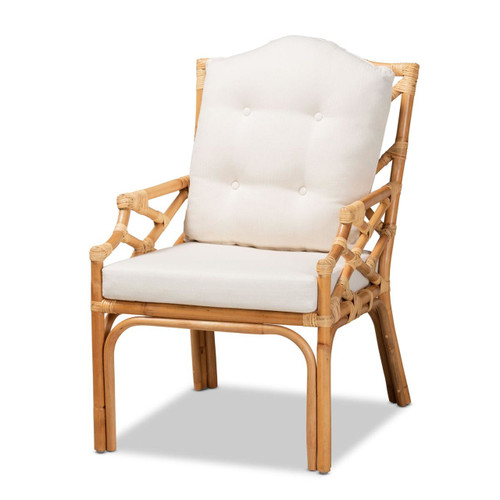 Baxton Studio Sonia Modern and Contemporary Natural Finished Rattan Armchair with White Cushion