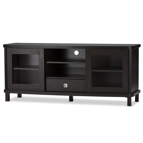 Baxton Studio Walda 60-Inch Dark Brown Wood TV Cabinet with 2 Sliding Doors and 1 Drawer
