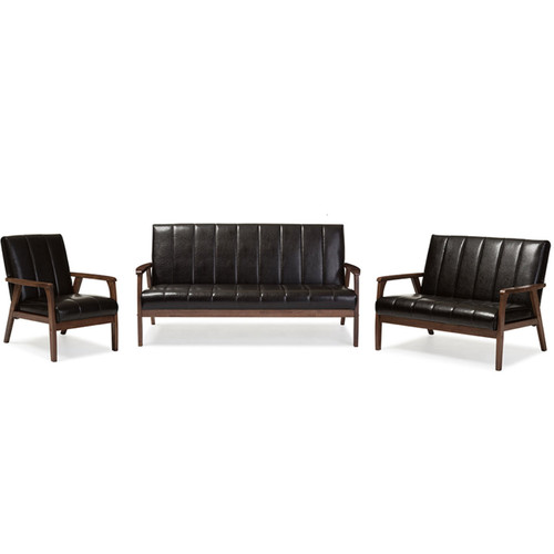 Baxton Studio Nikko Mid-century Modern Scandinavian Style Dark Brown Faux Leather 3 Pieces Living Room Sets