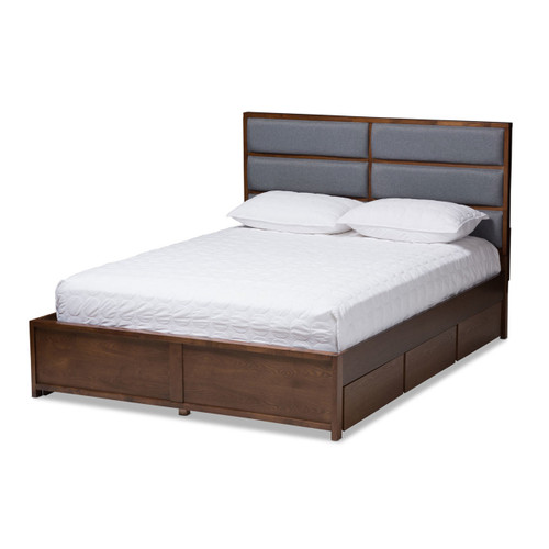 Baxton Studio Macey Modern and Contemporary Dark Gray Fabric Upholstered Walnut Finished Queen Size Storage Platform Bed