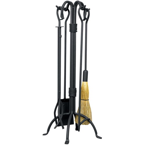 5-Piece Black Wrought Iron Fireset with Crook Handles