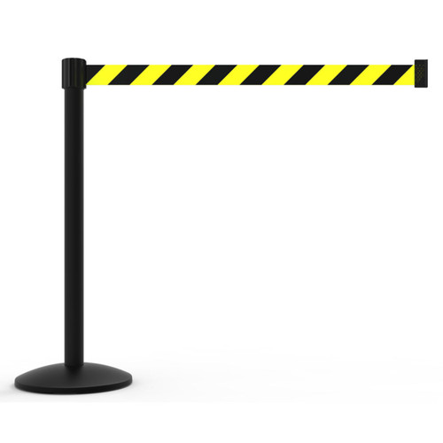 Banner Stakes 7' Retractable Belt Barrier Set with Base, Black Post and Yellow/Black Diagonal Stripe Belt - AL6103B