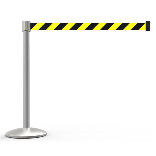 Banner Stakes 7' Retractable Belt Barrier Set with Base, Matte Post and Yellow/Black Diagonal Stripe Belt - AL6103M