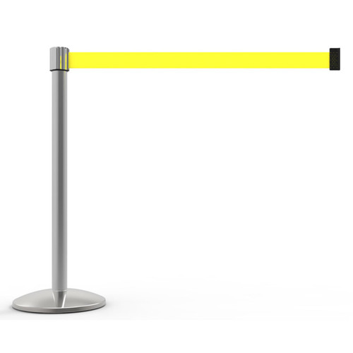 Banner Stakes 7' Retractable Belt Barrier Set with Base, Chrome Post and Blank Yellow Belt - AL6104C