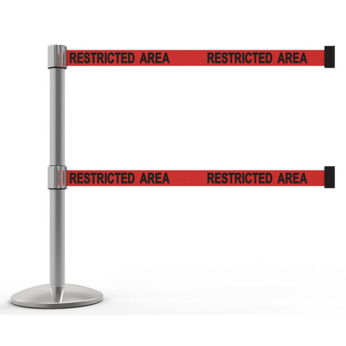 Banner Stakes 7' Dual Retractable Belt Barrier Set with Base, Chrome Post and Red "Restricted Area" Belt - AL6105C-D