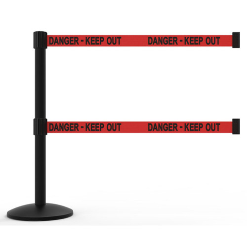 Banner Stakes 7' Dual Retractable Belt Barrier Set with Base, Black Post and Red "Danger - Keep Out" Belt - AL6106B-D