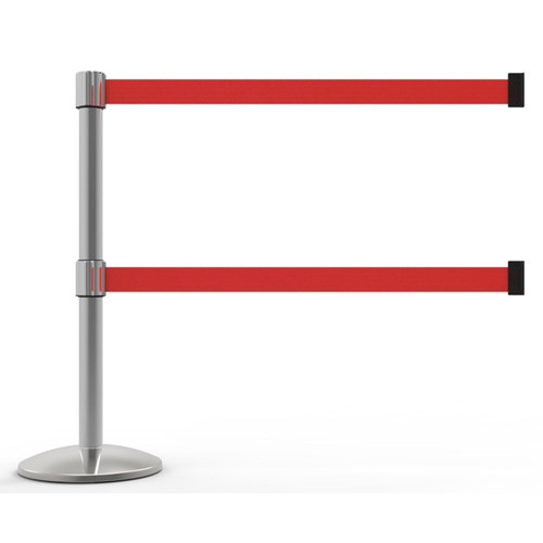 Banner Stakes 7' Dual Retractable Belt Barrier Set with Base, Chrome Post and Blank Red Belt - AL6107C-D