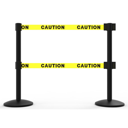 Banner Stakes 14' Dual Retractable Belt Barrier System with Bases, Black Posts and Yellow "Caution" Belts - AL6201B-D