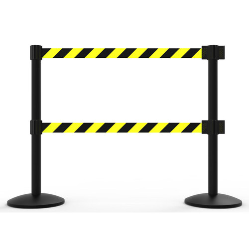 Banner Stakes 14' Dual Retractable Belt Barrier System with Bases, Black Posts and Yellow/Black Diagonal Stripe Belts - AL6203B-D