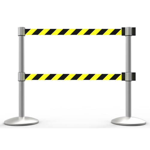 Banner Stakes 14' Dual Retractable Belt Barrier System with Bases, Matte Posts and Yellow/Black Diagonal Stripe Belts - AL6203M-D
