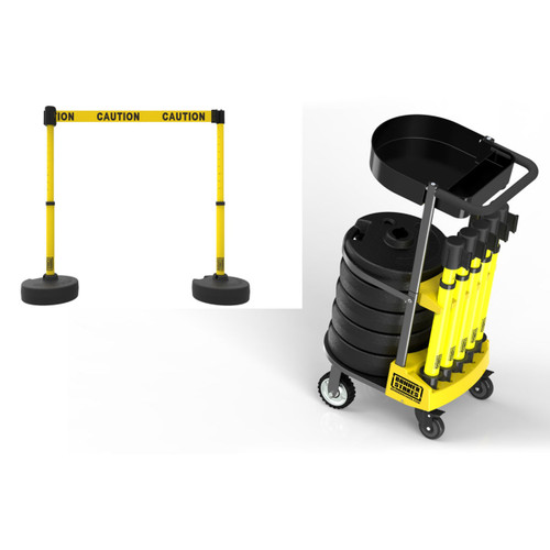 Banner Stakes 75' Barrier System with 1-Tray Cart, 5 Bases, Retractable Belts and Posts; Yellow "Caution" - PL4001T